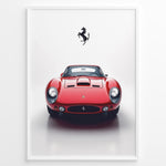 Load image into Gallery viewer, Framed minimalist poster of a red Ferrari 250 GTO classic car front view with black Ferrari logo above.
