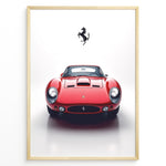 Load image into Gallery viewer, Framed minimalist poster of a red Ferrari 250 GTO classic car front view with black Ferrari logo above.
