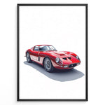 Load image into Gallery viewer, Framed minimalist poster of a red Ferrari 250 GTO classic sports car angled from the front left on a white background.

