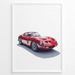 Load image into Gallery viewer, Framed minimalist poster of a red Ferrari 250 GTO classic sports car angled from the front left on a white background.
