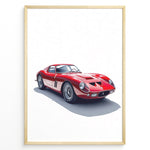 Load image into Gallery viewer, Framed minimalist poster of a red Ferrari 250 GTO classic sports car angled from the front left on a white background.
