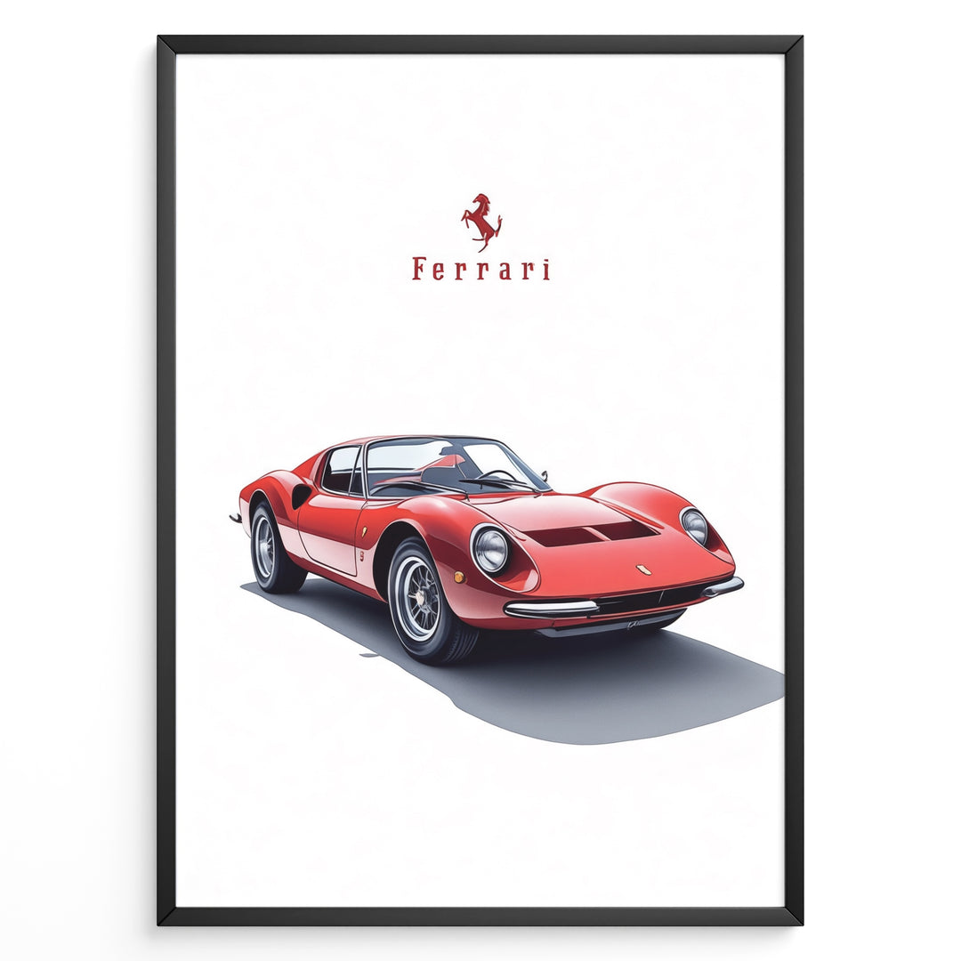 Framed minimalist poster of a red Ferrari Dino 246 GT classic sports car with Ferrari logo above on a white background.