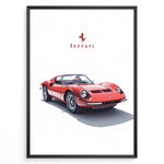 Load image into Gallery viewer, Framed minimalist poster of a red Ferrari Dino 246 GT classic sports car with Ferrari logo above on a white background.
