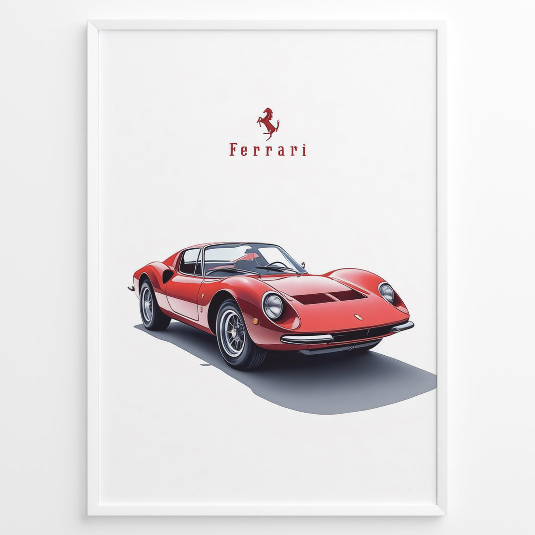 Framed minimalist poster of a red Ferrari Dino 246 GT classic sports car with Ferrari logo above on a white background.