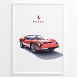Load image into Gallery viewer, Framed minimalist poster of a red Ferrari Dino 246 GT classic sports car with Ferrari logo above on a white background.
