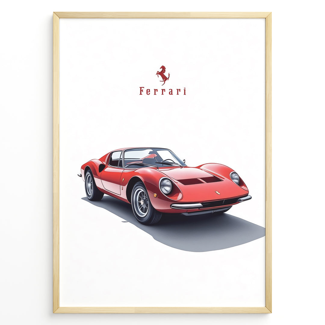 Framed minimalist poster of a red Ferrari Dino 246 GT classic sports car with Ferrari logo above on a white background.