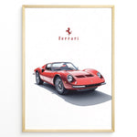 Load image into Gallery viewer, Framed minimalist poster of a red Ferrari Dino 246 GT classic sports car with Ferrari logo above on a white background.
