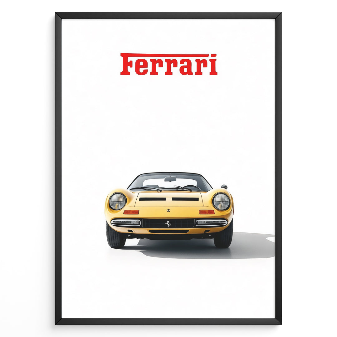 Framed minimalist poster of a yellow Ferrari Dino 246 GTS classic car front view with red Ferrari logo above on a white background.
