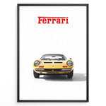 Load image into Gallery viewer, Framed minimalist poster of a yellow Ferrari Dino 246 GTS classic car front view with red Ferrari logo above on a white background.
