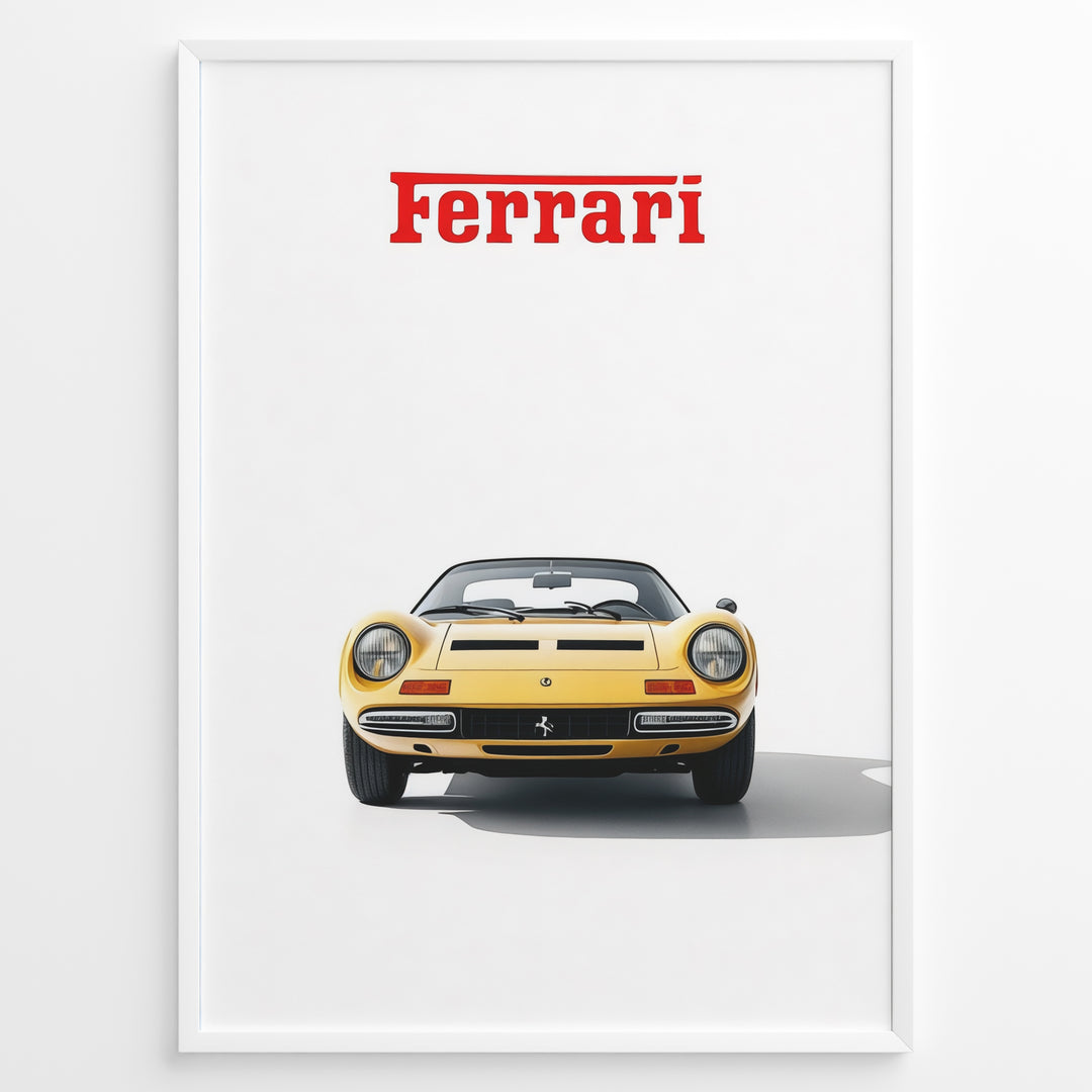 Framed minimalist poster of a yellow Ferrari Dino 246 GTS classic car front view with red Ferrari logo above on a white background.