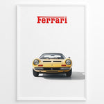Load image into Gallery viewer, Framed minimalist poster of a yellow Ferrari Dino 246 GTS classic car front view with red Ferrari logo above on a white background.
