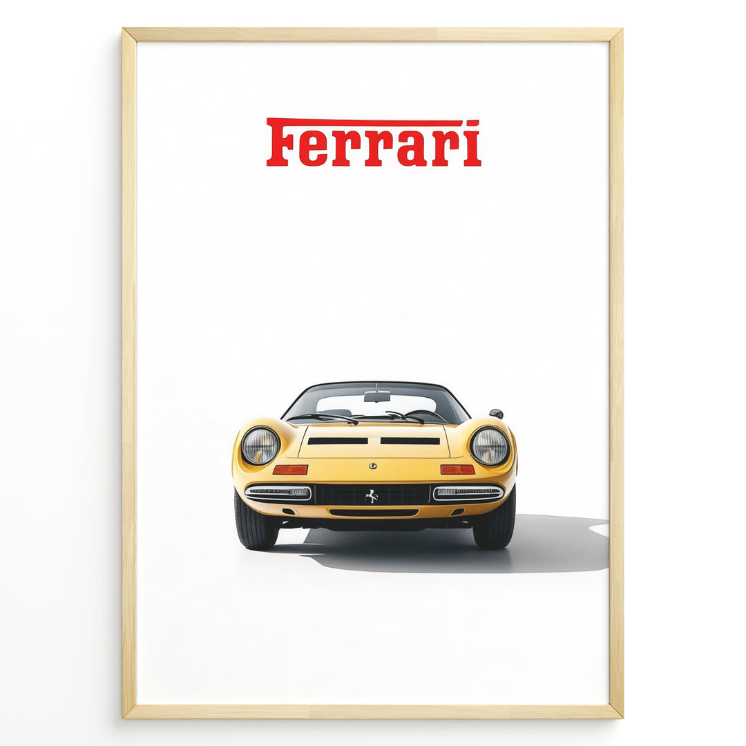 Framed minimalist poster of a yellow Ferrari Dino 246 GTS classic car front view with red Ferrari logo above on a white background.