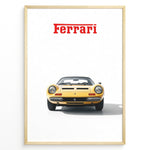 Load image into Gallery viewer, Framed minimalist poster of a yellow Ferrari Dino 246 GTS classic car front view with red Ferrari logo above on a white background.
