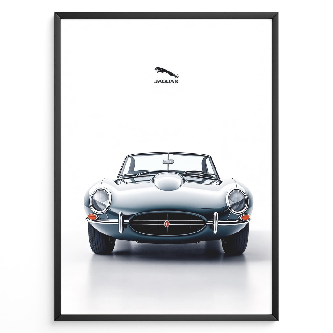 Framed minimalist poster of a silver Jaguar E-Type convertible classic car front view with Jaguar logo above on a white background.