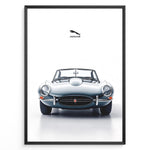 Load image into Gallery viewer, Framed minimalist poster of a silver Jaguar E-Type convertible classic car front view with Jaguar logo above on a white background.
