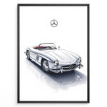 Load image into Gallery viewer, Framed minimalist poster of a silver Mercedes-Benz 300SL Roadster classic convertible with red seats and Mercedes logo above on white background.

