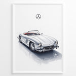 Load image into Gallery viewer, Framed minimalist poster of a silver Mercedes-Benz 300SL Roadster classic convertible with red seats and Mercedes logo above on white background.
