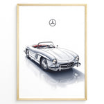 Load image into Gallery viewer, Framed minimalist poster of a silver Mercedes-Benz 300SL Roadster classic convertible with red seats and Mercedes logo above on white background.
