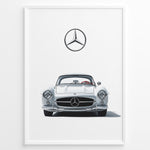 Load image into Gallery viewer, Framed minimalist poster of a silver Mercedes-Benz 300SL classic sports car front view with large Mercedes logo above on white background.
