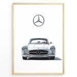 Load image into Gallery viewer, Framed minimalist poster of a silver Mercedes-Benz 300SL classic sports car front view with large Mercedes logo above on white background.
