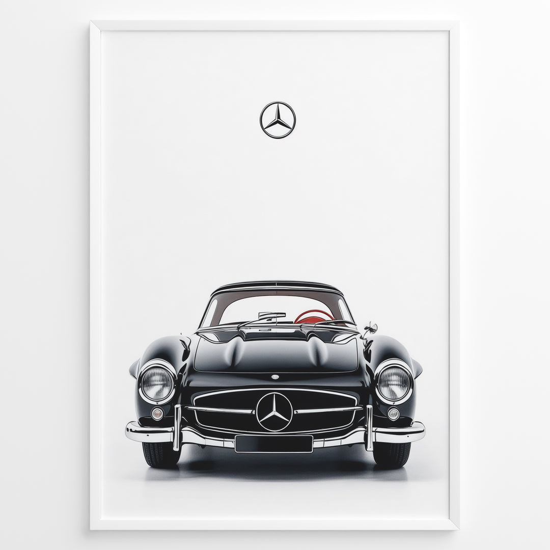 Framed minimalist poster of a black Mercedes-Benz 300SL classic convertible car front view with Mercedes logo above on a white background.
