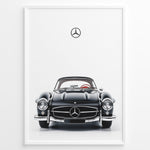 Load image into Gallery viewer, Framed minimalist poster of a black Mercedes-Benz 300SL classic convertible car front view with Mercedes logo above on a white background.
