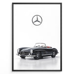 Load image into Gallery viewer, Framed minimalist poster featuring a black Mercedes-Benz 300SL Roadster convertible with red seats and Mercedes logo above on white background.
