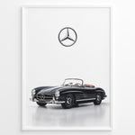 Load image into Gallery viewer, Framed minimalist poster featuring a black Mercedes-Benz 300SL Roadster convertible with red seats and Mercedes logo above on white background.
