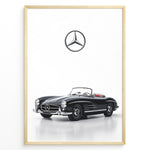 Load image into Gallery viewer, Framed minimalist poster featuring a black Mercedes-Benz 300SL Roadster convertible with red seats and Mercedes logo above on white background.
