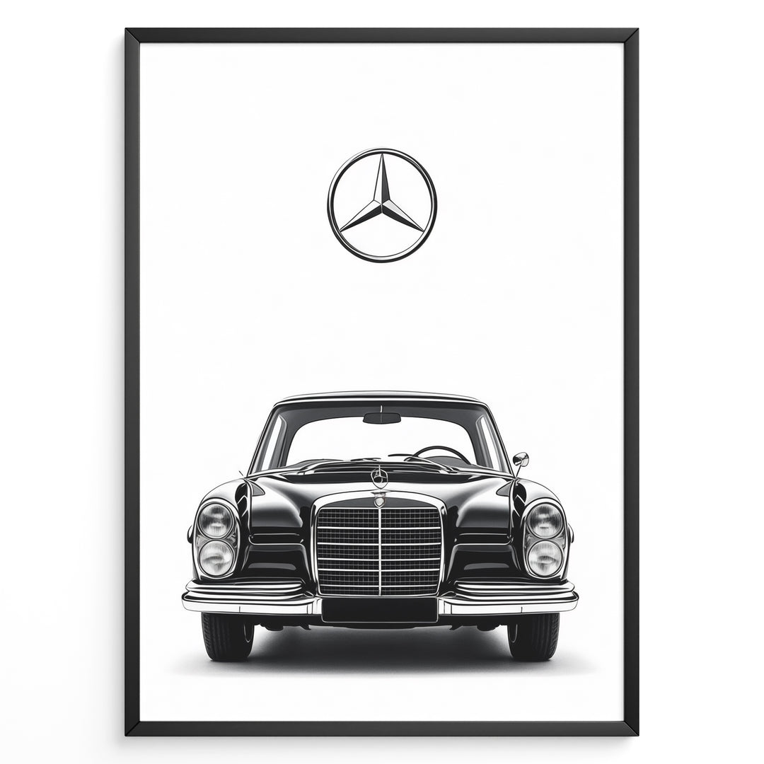 Framed minimalist poster of a black Mercedes-Benz classic coupe front view with large Mercedes logo above on a clean white background.
