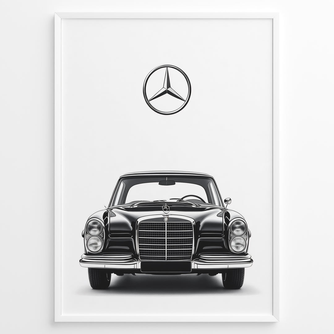 Framed minimalist poster of a black Mercedes-Benz classic coupe front view with large Mercedes logo above on a clean white background.
