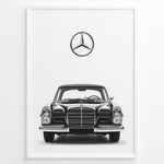 Load image into Gallery viewer, Framed minimalist poster of a black Mercedes-Benz classic coupe front view with large Mercedes logo above on a clean white background.
