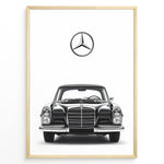 Load image into Gallery viewer, Framed minimalist poster of a black Mercedes-Benz classic coupe front view with large Mercedes logo above on a clean white background.
