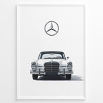 Load image into Gallery viewer, Framed minimalist poster of a silver Mercedes-Benz vintage coupe front view with the Mercedes logo above on a clean white background.
