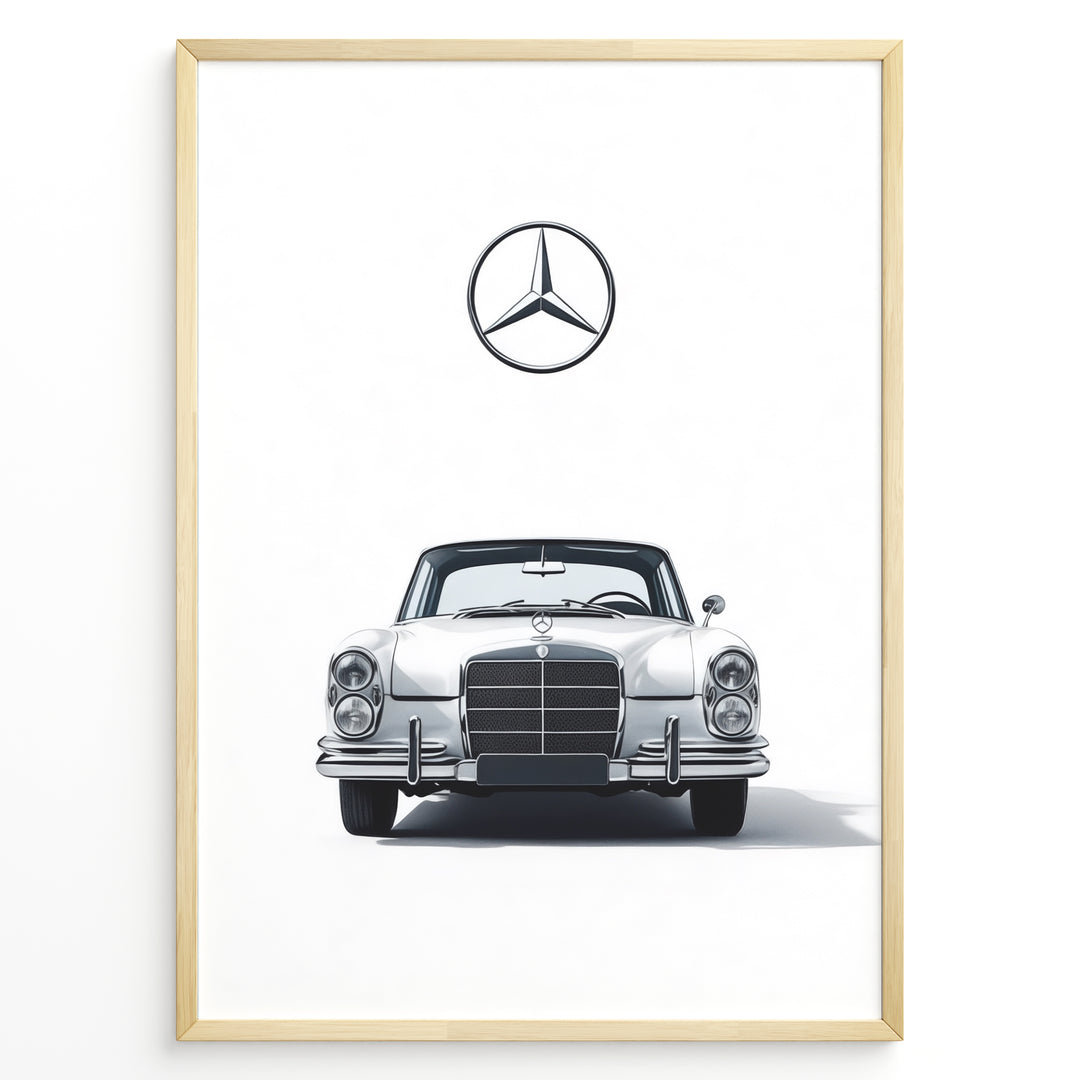 Framed minimalist poster of a silver Mercedes-Benz vintage coupe front view with the Mercedes logo above on a clean white background.