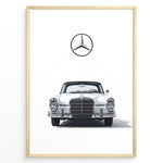 Load image into Gallery viewer, Framed minimalist poster of a silver Mercedes-Benz vintage coupe front view with the Mercedes logo above on a clean white background.
