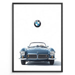 Load image into Gallery viewer, Framed minimalist poster of a blue BMW 507 roadster front view with BMW logo above on a white background.
