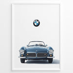 Load image into Gallery viewer, Framed minimalist poster of a blue BMW 507 roadster front view with BMW logo above on a white background.
