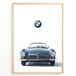 Load image into Gallery viewer, Framed minimalist poster of a blue BMW 507 roadster front view with BMW logo above on a white background.
