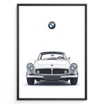 Load image into Gallery viewer, Framed minimalist poster of a white BMW 507 classic coupe front view with BMW logo above on a white background.
