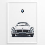 Load image into Gallery viewer, Framed minimalist poster of a white BMW 507 classic coupe front view with BMW logo above on a white background.
