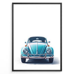 Load image into Gallery viewer, Framed minimalist poster of a blue Volkswagen Beetle front view on a white background.
