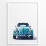 Load image into Gallery viewer, Framed minimalist poster of a blue Volkswagen Beetle front view on a white background.
