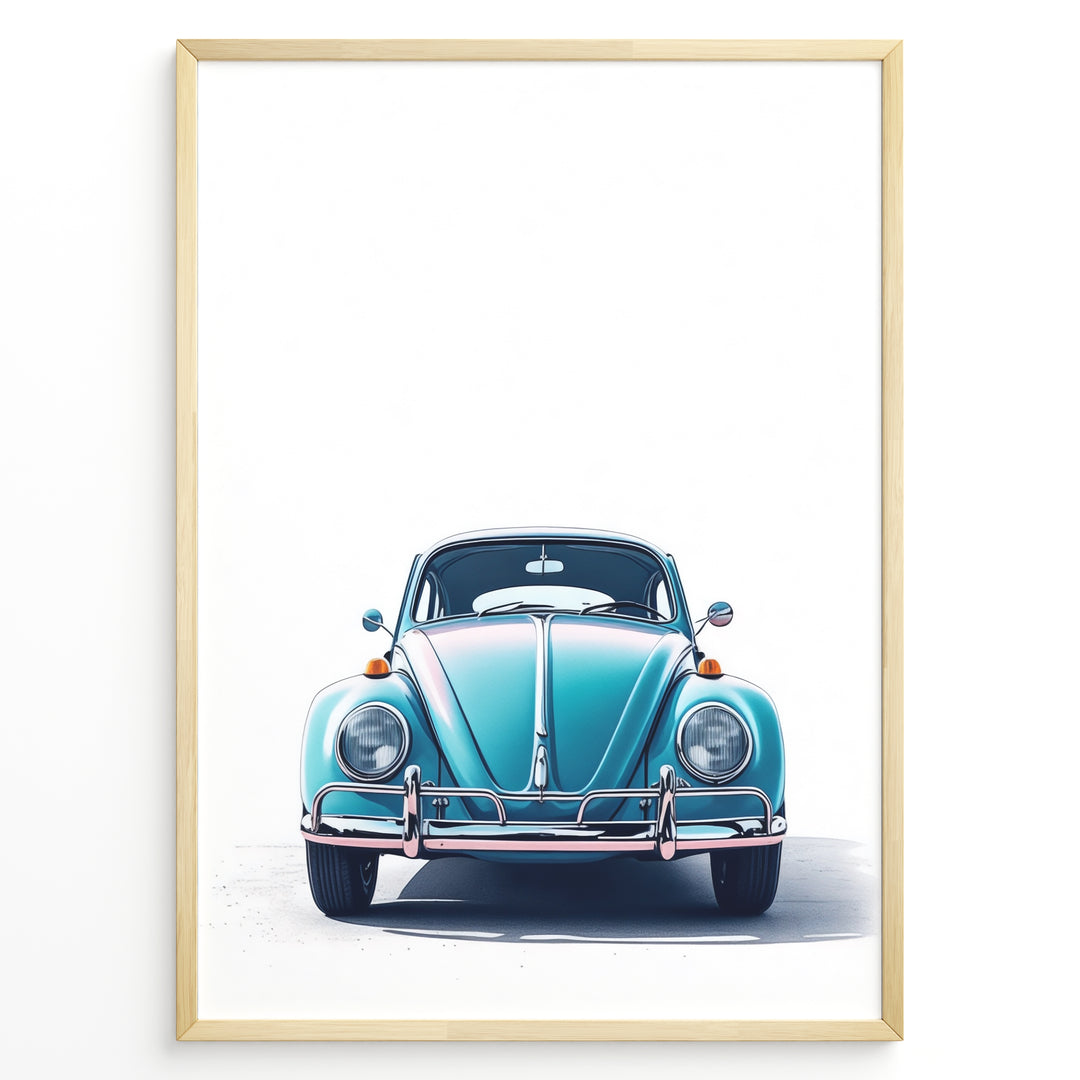 Framed minimalist poster of a blue Volkswagen Beetle front view on a white background.