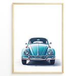 Load image into Gallery viewer, Framed minimalist poster of a blue Volkswagen Beetle front view on a white background.

