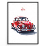 Load image into Gallery viewer, Framed minimalist poster of a red Volkswagen Beetle side-front view with “VW Beetle” text above on a white background.
