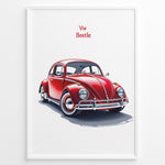 Load image into Gallery viewer, Framed minimalist poster of a red Volkswagen Beetle side-front view with “VW Beetle” text above on a white background.
