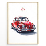 Load image into Gallery viewer, Framed minimalist poster of a red Volkswagen Beetle side-front view with “VW Beetle” text above on a white background.
