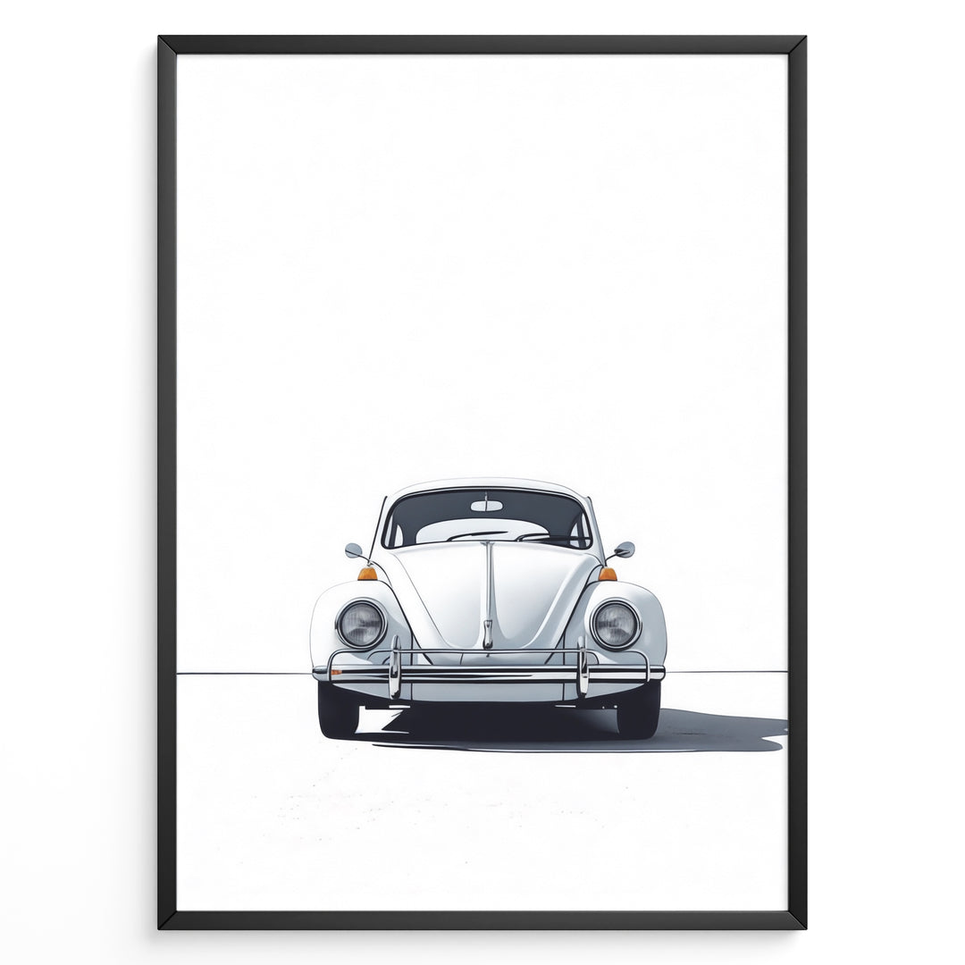 Minimalist framed poster of a white Volkswagen Beetle front view on a clean white background.