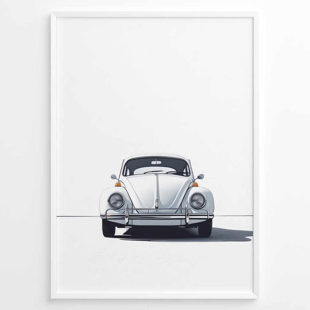 Minimalist framed poster of a white Volkswagen Beetle front view on a clean white background.